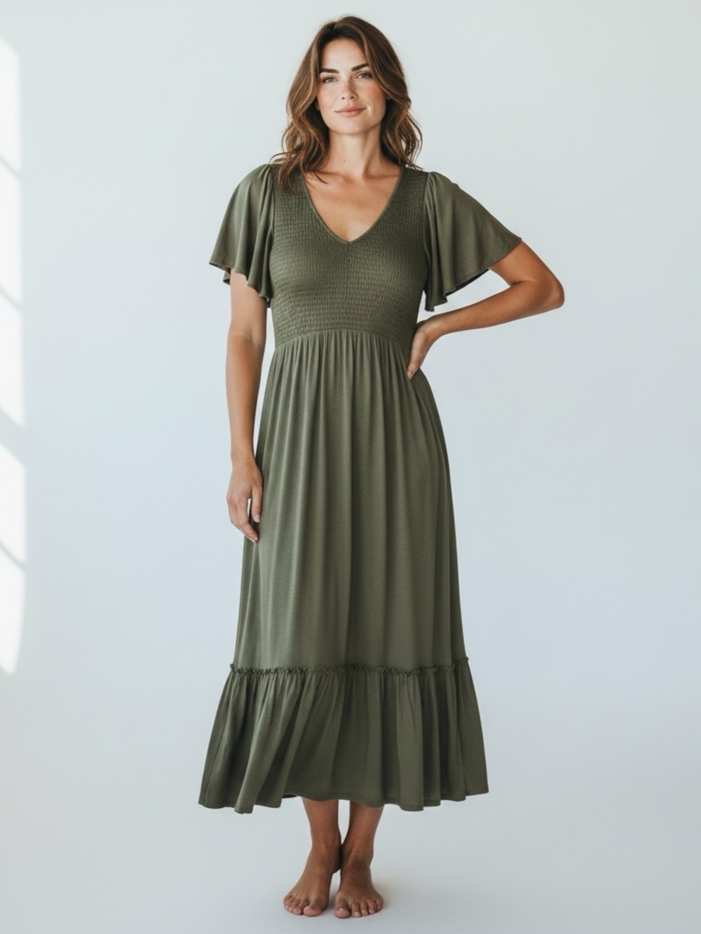 Time and Tru Olive Green Maxi Dress with Flutter Sleeves